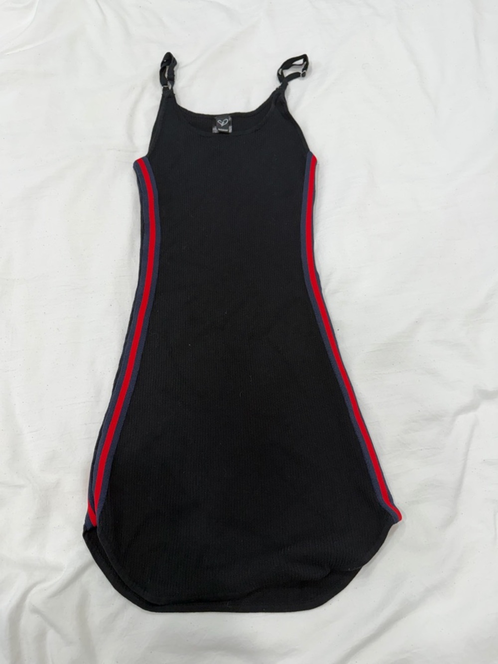 Windsor Black Ribbed Tank Dress with Red & Navy Side Stripes